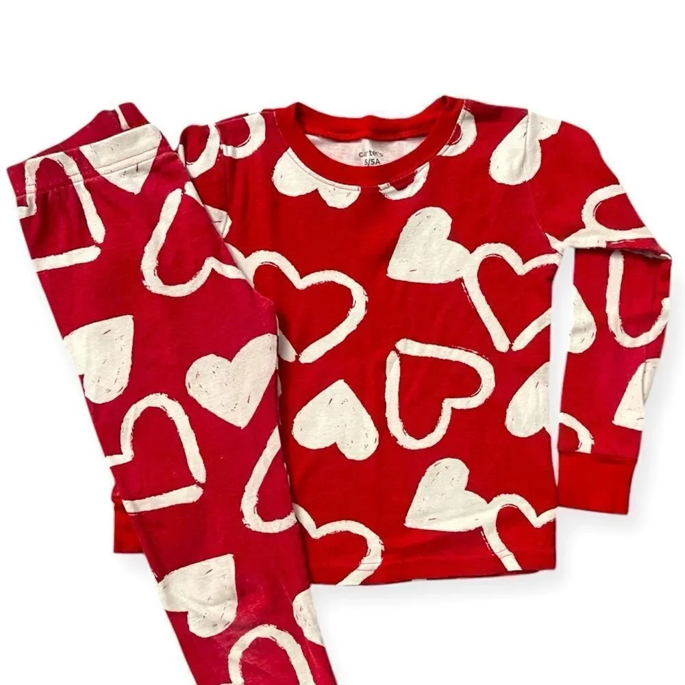 Carter’s Girl’s 2-Piece Red Valentine’s Day Hearts Snug Fit Cotton Pajamas Sz 5